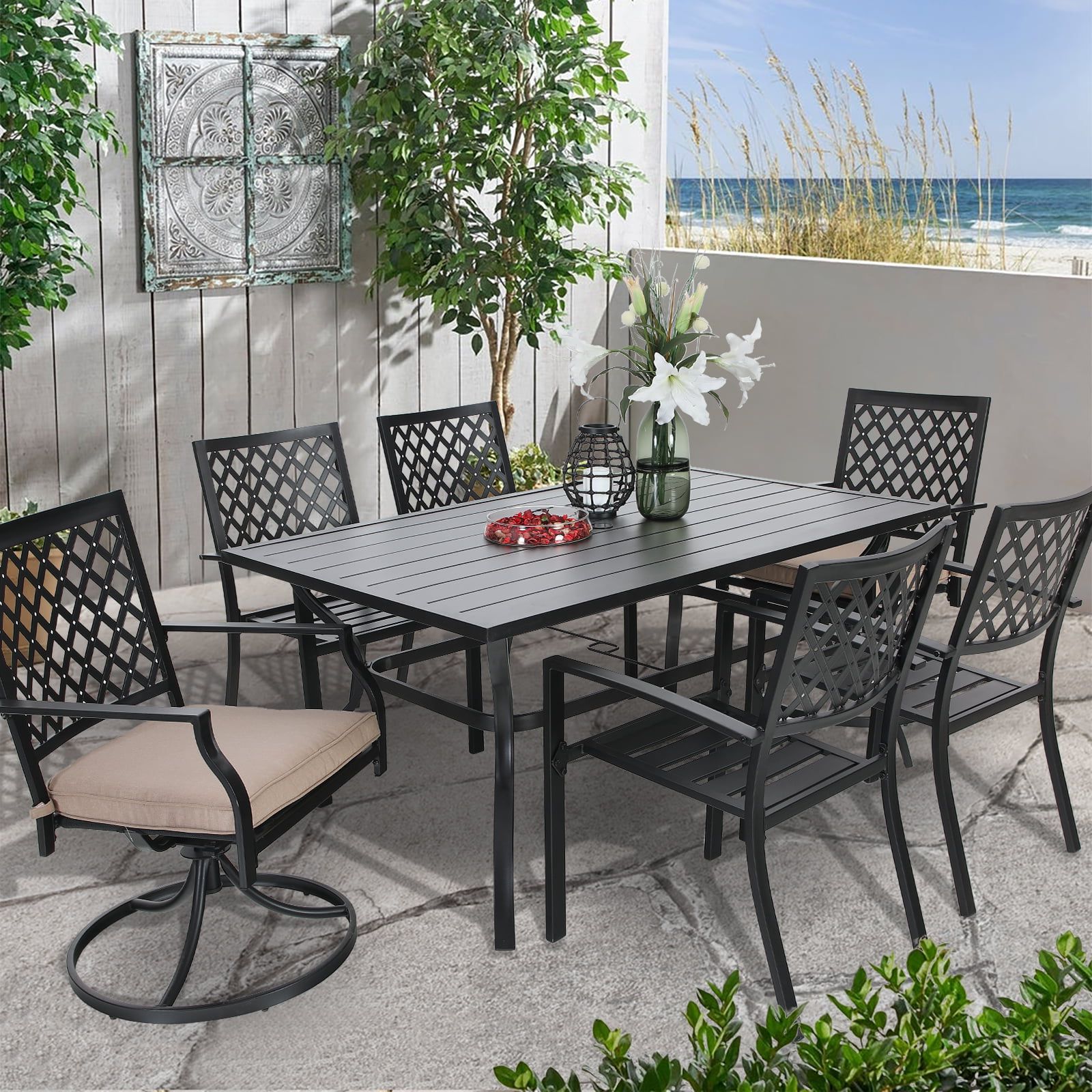 Current Outdoor Furniture Metal Rectangular Tables In Mf Studio 7 Piece Outdoor Patio Dining Set Metal Furniture With 2 Swivel  Padded Chairs, 4 Stacking Armchairs& 60' X 38" Rectangular Table, 6 Seats  For Dinner&party, Beige Cushion – Walmart (Photo 14 of 15)