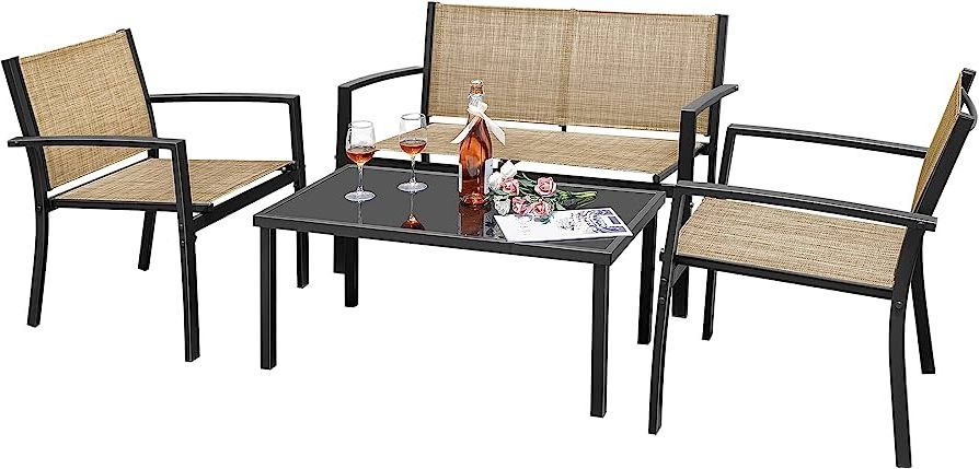 Current Textilene Bistro Set Modern Conversation Set Throughout Amazon: Flamaker 4 Pieces Patio Furniture Outdoor Furniture Set  Textilene Bistro Set Modern Conversation Set Black Bistro Set With Loveseat  Tea Table For Home, Lawn And Balcony (yellow) : Patio, Lawn & (View 5 of 15)