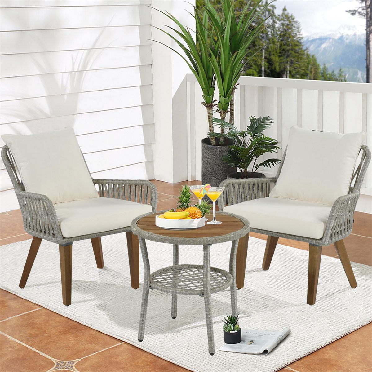 Current Woven Rope Outdoor 3 Piece Conversation Set In Corrigan Studio® 3 Piece Bistro Set Woven Rope Conversation Set, Wood  Tabletop And Cushions Gray Rope+beige Fabric (View 4 of 15)
