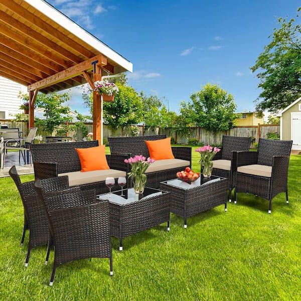 Cushioned Chair Loveseat Tables In Well Liked Gymax 8 Piece Rattan Patio Outdoor Furniture Set With Cushioned Chair  Loveseat Table With Brown Cushions Gymhd0020 – The Home Depot (View 4 of 15)