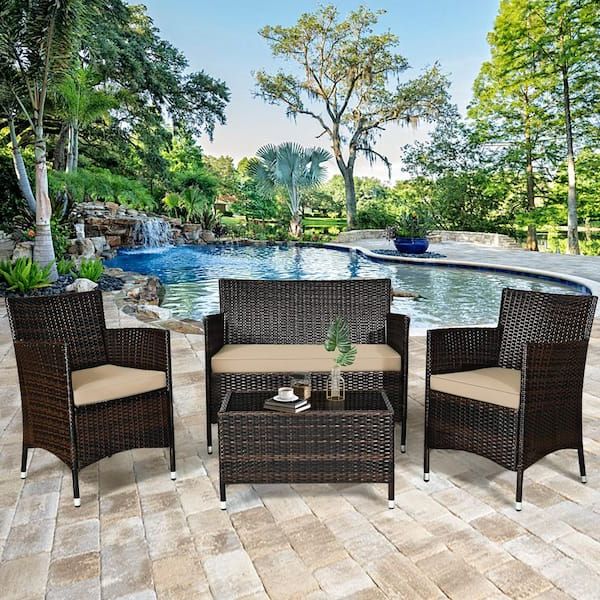 Cushioned Chair Loveseat Tables Within Well Known Gymax 4 Pieces Rattan Patio Outdoor Furniture Set With Beige Cushioned  Chair Loveseat Table Gymhd0019 – The Home Depot (View 2 of 15)