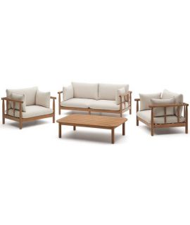 Cushions & Coffee Table Furniture Couch Set Pertaining To Famous Cancun Set Of 2 Sofa Armchairs And Coffee Table In Eucalyptus Wood For  Outdoor And Indoor Use (View 13 of 15)