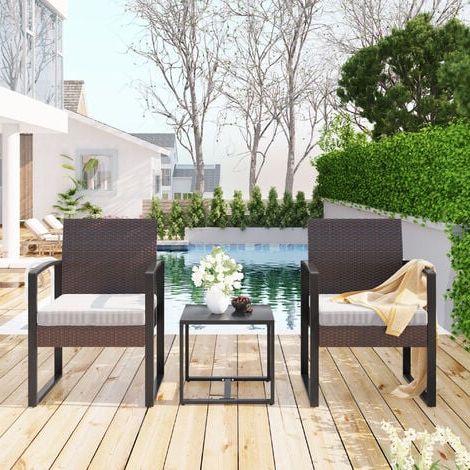 Famous 3 Pieces Patio Set Wicker Outdoor Furniture Sets Modern Bistro Set Patio  Conversation Sets For Balcony, Intended For Patio Furniture Wicker Outdoor Bistro Set (View 10 of 15)