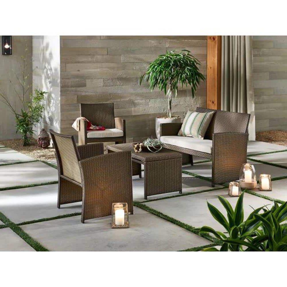 Famous 4 Piece Outdoor Wicker Seating Set In Brown With Regard To Stylewell Park Trail Brown 4 Piece Wicker Patio Conversation Set With Light  Brown Cushions 16121601 – The Home Depot (Photo 6 of 15)