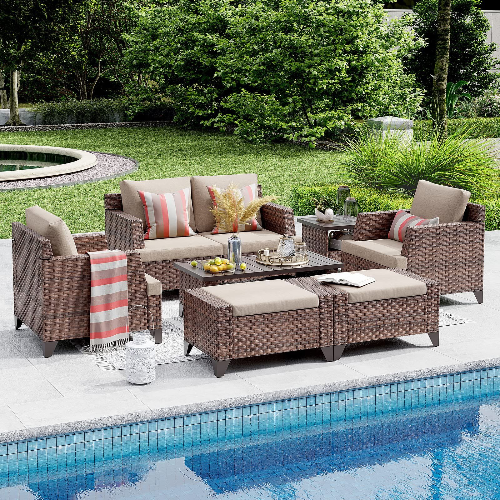 Famous 8 Piece Patio Rattan Outdoor Furniture Set Within Amazon: Sunsitt Outdoor Furniture Set 8 Piece Patio Rattan Furniture Set,  Patio Lounge Chairs With Ottoman & Loveseat With Waterproof Covers, Brown  Wicker With Beige Olefin Cushions : Patio, Lawn & Garden (View 2 of 15)