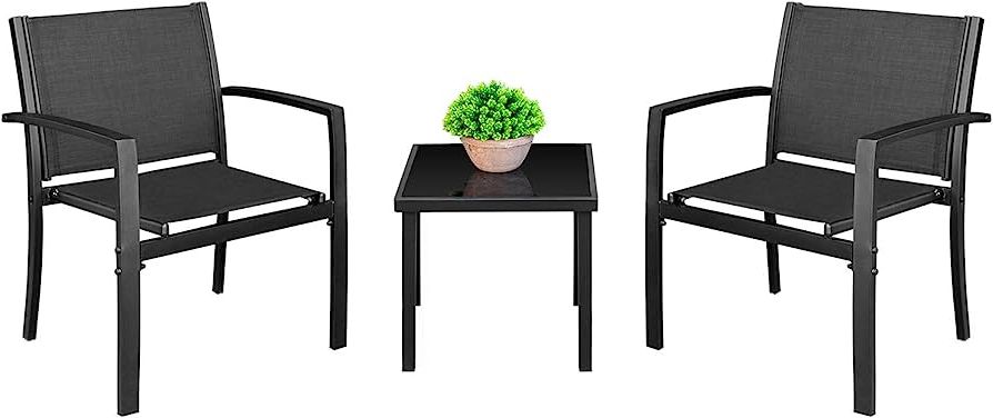 Famous Amazon: Homall 3 Pieces Patio Furniture Set Outdoor Patio Conversation  Set Textilene Bistro Set Modern Porch Furniture Lawn Chairs With Coffee  Table For Home, Lawn And Balcony (black) : Patio, Lawn & Within Textilene Bistro Set Modern Conversation Set (View 7 of 15)