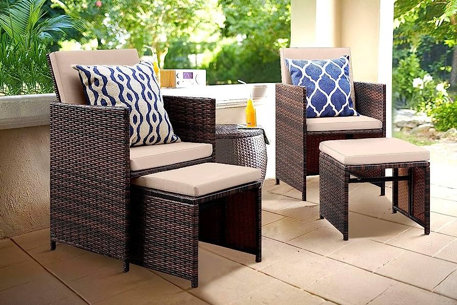 Famous Brown Wicker Chairs With Ottoman For Amazon: Kaimeng 4 Pieces Patio Furniture Space Saving Outdoor Brown  Black Wicker Rattan Dining Sofa Chairs Cushioned Balcony Porch Sets With  Ottomans (beige) : Patio, Lawn & Garden (Photo 1 of 15)