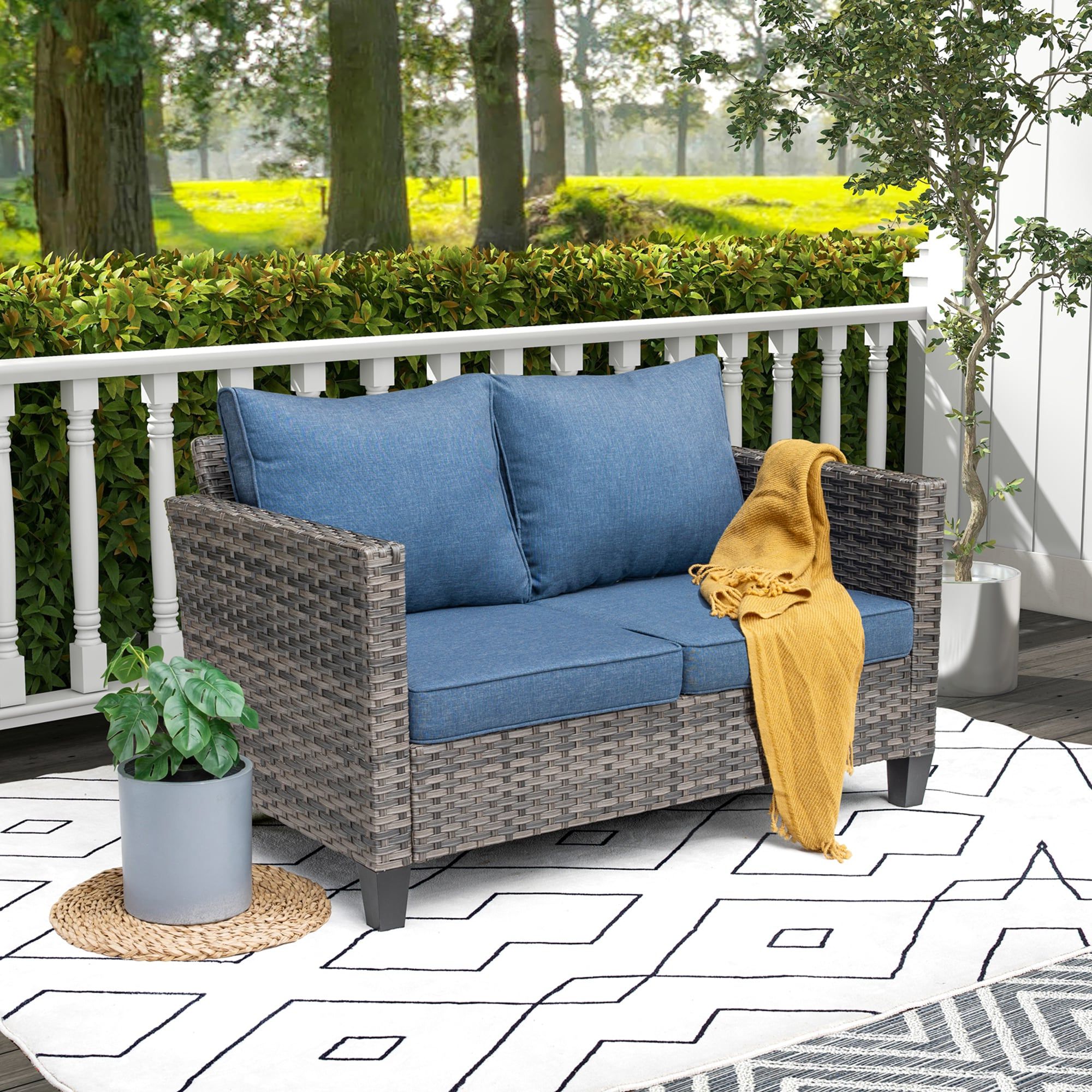 Famous Loveseat Chairs For Backyard Pertaining To Pouuin Rattan Outdoor Loveseat With Blue Cushion(s) And Rattan Frame In The  Patio Sectionals & Sofas Department At Lowes (Photo 7 of 15)