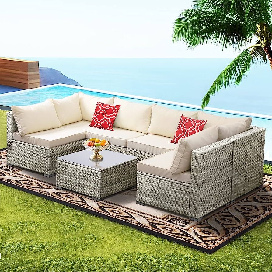 Famous Outdoor Rattan Sectional Sofas With Coffee Table In Amazon: Jeteago Patio Conversation Set 7 Pieces Outdoor Rattan  Sectional Sofa All Weather Wicker Furniture Set With Washable Cushions &  Glass Coffee Table For Garden, Poolside, Backyard : Patio, Lawn & Garden (View 11 of 15)