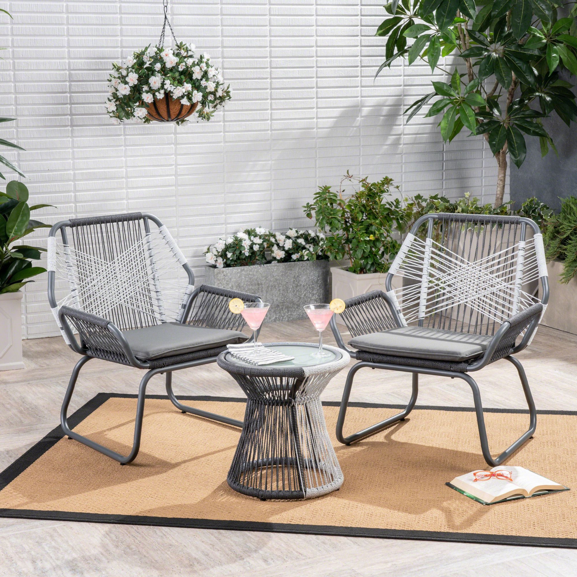Famous Woven Rope Outdoor 3 Piece Conversation Set With Regard To Contemporary Home Living 3 Piece Gray And White Rope Woven Outdoor  Furniture Patio Chat Set – Gray – Walmart (Photo 9 of 15)