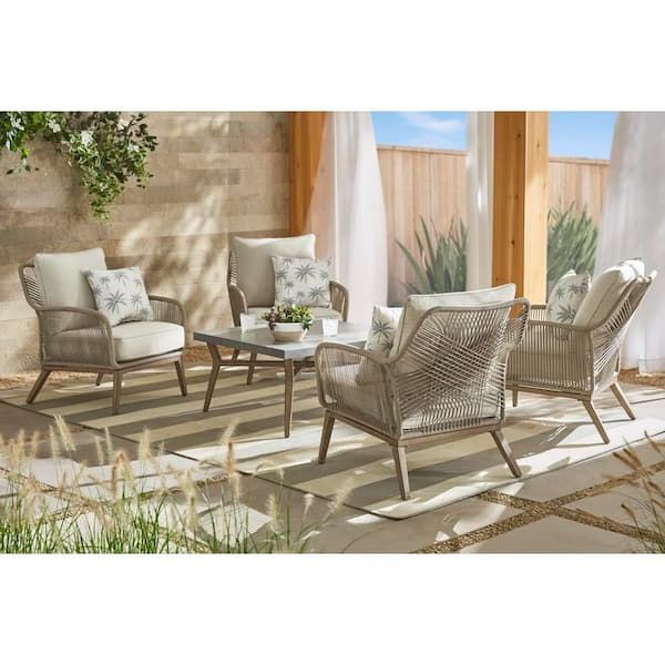 Fashionable 5 Piece Patio Conversation Set Inside Hampton Bay Haymont 5 Piece Steel Wicker Outdoor Patio Conversation Deep  Seating Set With Beige Cushions Frs80952f St – The Home Depot (Photo 10 of 15)