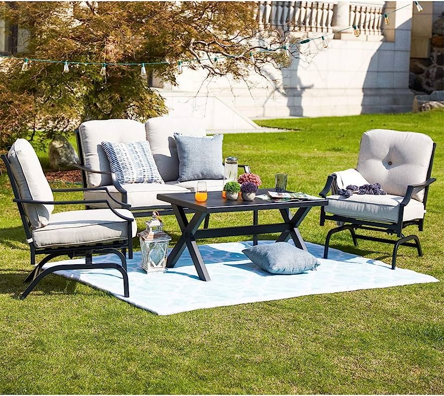 Fashionable Amazon: Patio Festival 4 Pices Patio Furniture Conversation Set,metal Outdoor  Furniture Set W/all Weather Cushioned Loveseat,poolside Lawn Chairs,coffee  Table : Patio, Lawn & Garden In Outdoor Cushioned Chair Loveseat Tables (Photo 13 of 15)