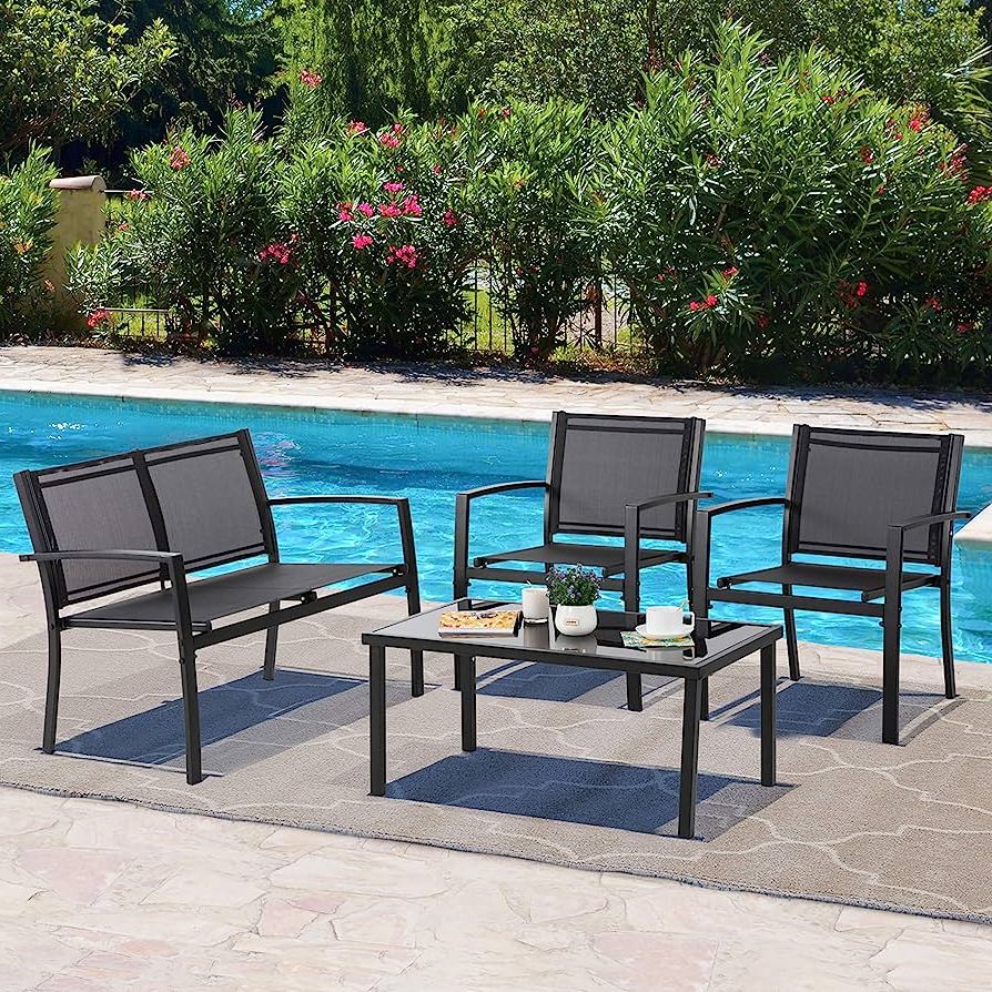 Fashionable Amazon: Vongrasig 4 Piece Outdoor Patio Furniture Sets, Modern  Textilene Bistro Set Patio With Loveseat And Glass Tea Table, Conversation  Set With For Lawn Balcony(black : Patio, Lawn & Garden In Loveseat Tea Table For Balcony (View 10 of 15)