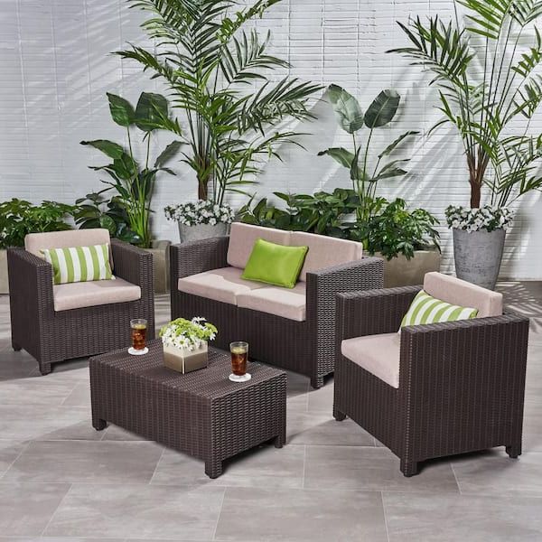 Fashionable Noble House Primrose Dark Brown 4 Piece All Weather Plastic Patio  Conversation Set With Beige Cushions 67346 – The Home Depot Intended For All Weather Rattan Conversation Set (View 10 of 15)