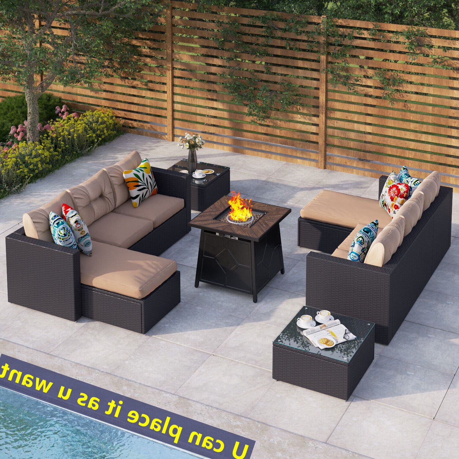 Fashionable Outdoor Rattan Sectional Sofa Set With Gas Fire Pit Table Patio Wicker  Furniture  (View 10 of 15)
