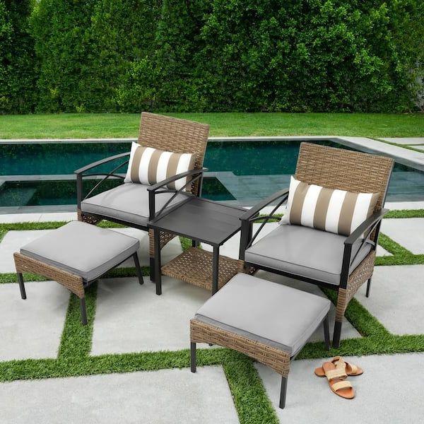 Fashionable Tunearary Brown Wicker Outdoor Lounge Chair Arm Chair With Gray Cushions  Table Ottoman (2 Pack) W640hzp69347 – The Home Depot Throughout Brown Wicker Chairs With Ottoman (View 8 of 15)