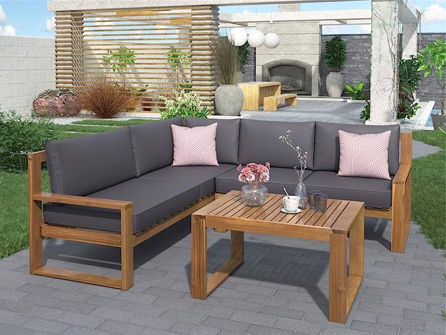 Fashionable Wood Sofa Cushioned Outdoor Garden In Amazon: Yswh 3 Pieces Outdoor Patio Furniture Set, Acacia Wood  Sectional Sofa Sets With Seat Cushions, Strong Wooden Frame Conversation  Set With Slatted Tabletop Tea Table : Patio, Lawn & Garden (View 7 of 15)