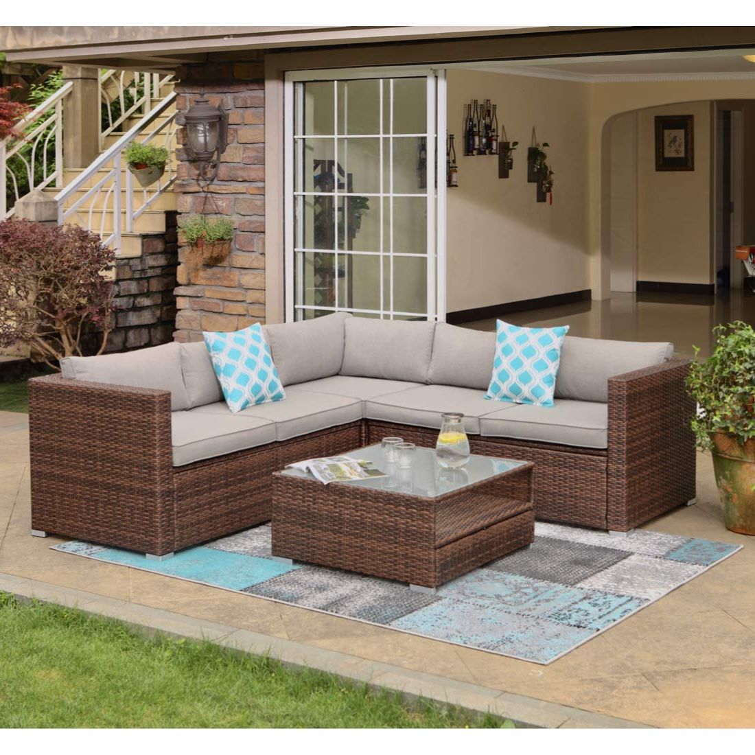 Favorite Amazon: Cosiest 4 Piece Outdoor Furniture Set All Weather Brown Wicker  Sectional Sofa W Warm Gray Thick Cushions, Glass Coffee Table, 2 Teal  Pattern Pillows Incl. Waterproof Cover, Clips : Patio, Lawn & Garden Within 4 Piece Outdoor Wicker Seating Set In Brown (Photo 4 of 15)