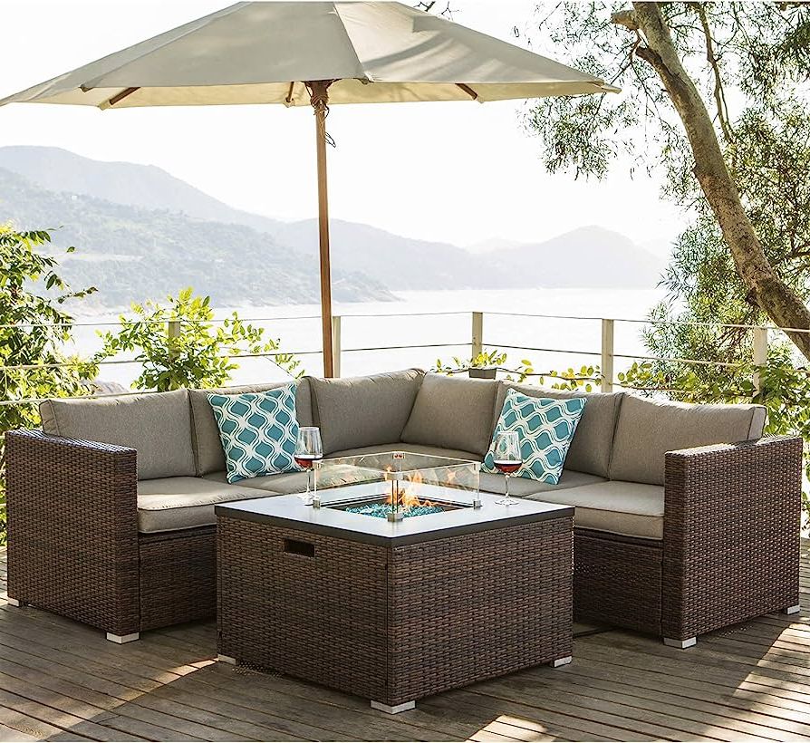 Favorite Amazon: Cosiest 5 Piece Propane Fire Pit Outdoor Furniture Brown Sofa  Set, Patio Sectional W 32 Inch Square Wicker Fire Table (40,000 Btu), Fits  20lb Tank Outside W Glass Wind Guard For Garden, Backyard : Pertaining To Fire Pit Table Wicker Sectional Sofa Conversation Set (Photo 11 of 15)