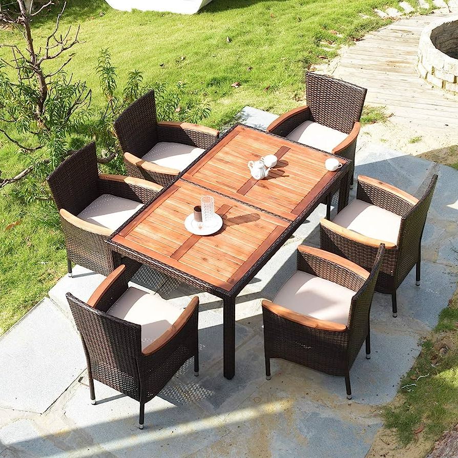 Favorite Amazon: Tangkula 7 Pcs Outdoor Patio Dining Set, Garden Dining Set W/acacia  Wood Table Top, Stackable Chairs With Soft Cushion, Poly Wicker Dining Table  And Chairs Set (brown) : Patio, Lawn & In Acacia Wood With Table Garden Wooden Furniture (View 5 of 15)
