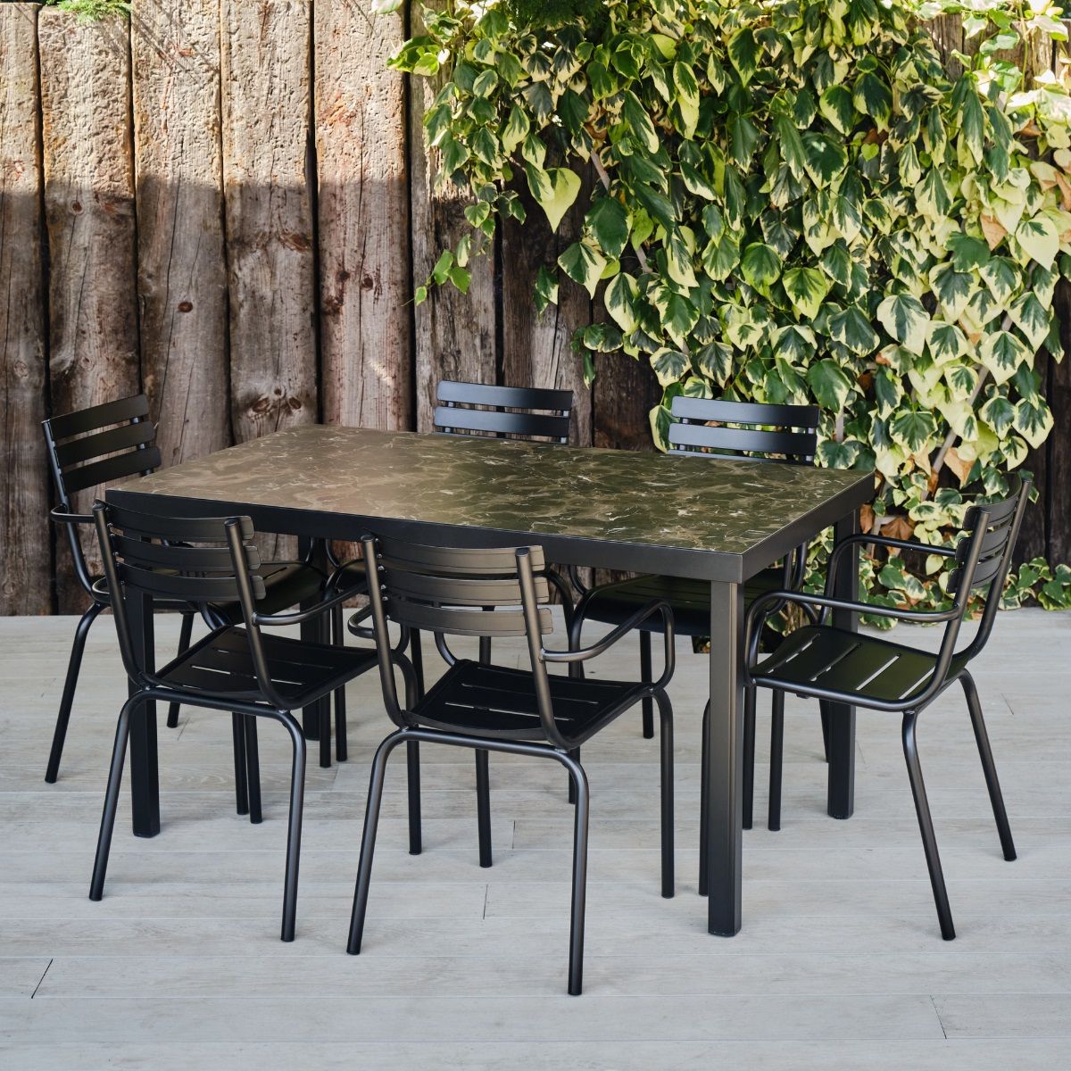 Favorite Black Rectangular Metal & Marble Effect Table & 6 Chairs – Camden Range –  Woodberry Regarding Outdoor Furniture Metal Rectangular Tables (View 5 of 15)