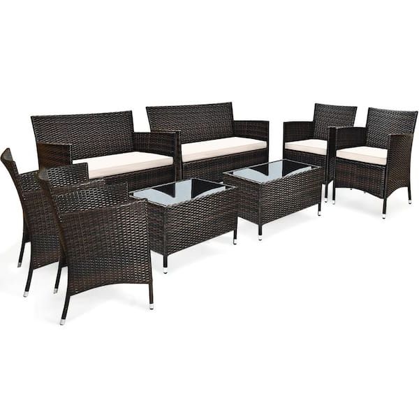 Favorite Cushioned Chair Loveseat Tables Throughout Gymax 8 Piece Rattan Patio Outdoor Furniture Set With Cushioned Chair  Loveseat Table With Brown Cushions Gymhd0020 – The Home Depot (Photo 1 of 15)