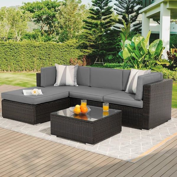 Favorite Outdoor Rattan Sectional Sofas With Coffee Table Intended For Sonkuki 5 Piece Brown Rattan Wicker Outdoor Patio Sectional Sofa Set With  Thick Gray Cushions And Tempered Glass Table R Kfsf 005gy – The Home Depot (Photo 2 of 15)