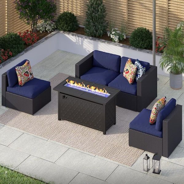 Favorite Phi Villa Black Rattan Wicker 4 Seat 5 Piece Steel Outdoor Fire Pit Patio  Set With Blue Cushions And Rectangular Fire Pit Table Thd53940 007 – The  Home Depot Within Fire Pit Table Wicker Sectional Sofa Set (View 8 of 15)