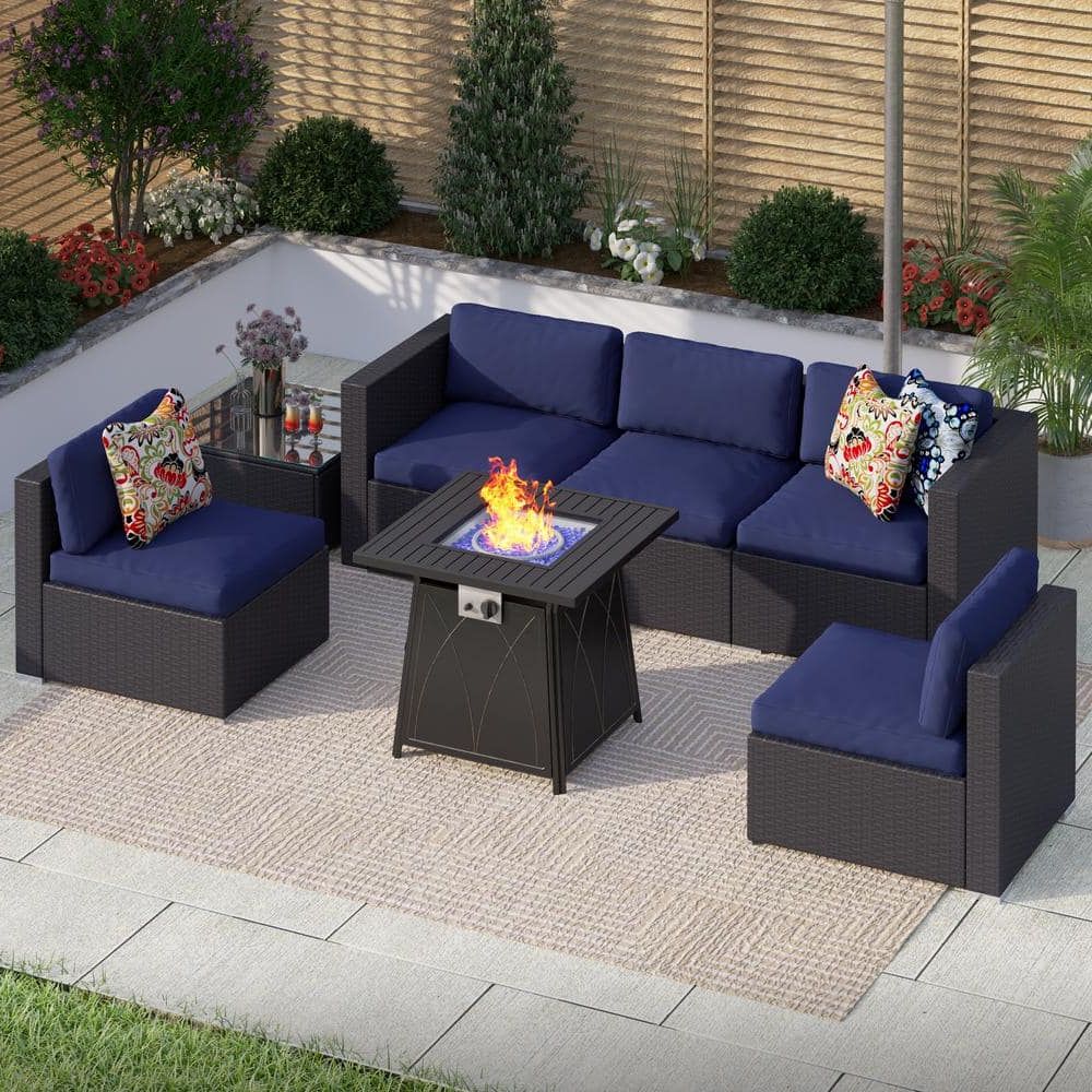 Fire Pit Table Wicker Sectional Sofa Conversation Set Intended For Most Current Phi Villa Black Rattan Wicker 5 Seat 7 Piece Steel Outdoor Sectional Set  With Blue Cushions,square Fire Pit And Coffee Table Thd7 001 394045 – The  Home Depot (Photo 14 of 15)