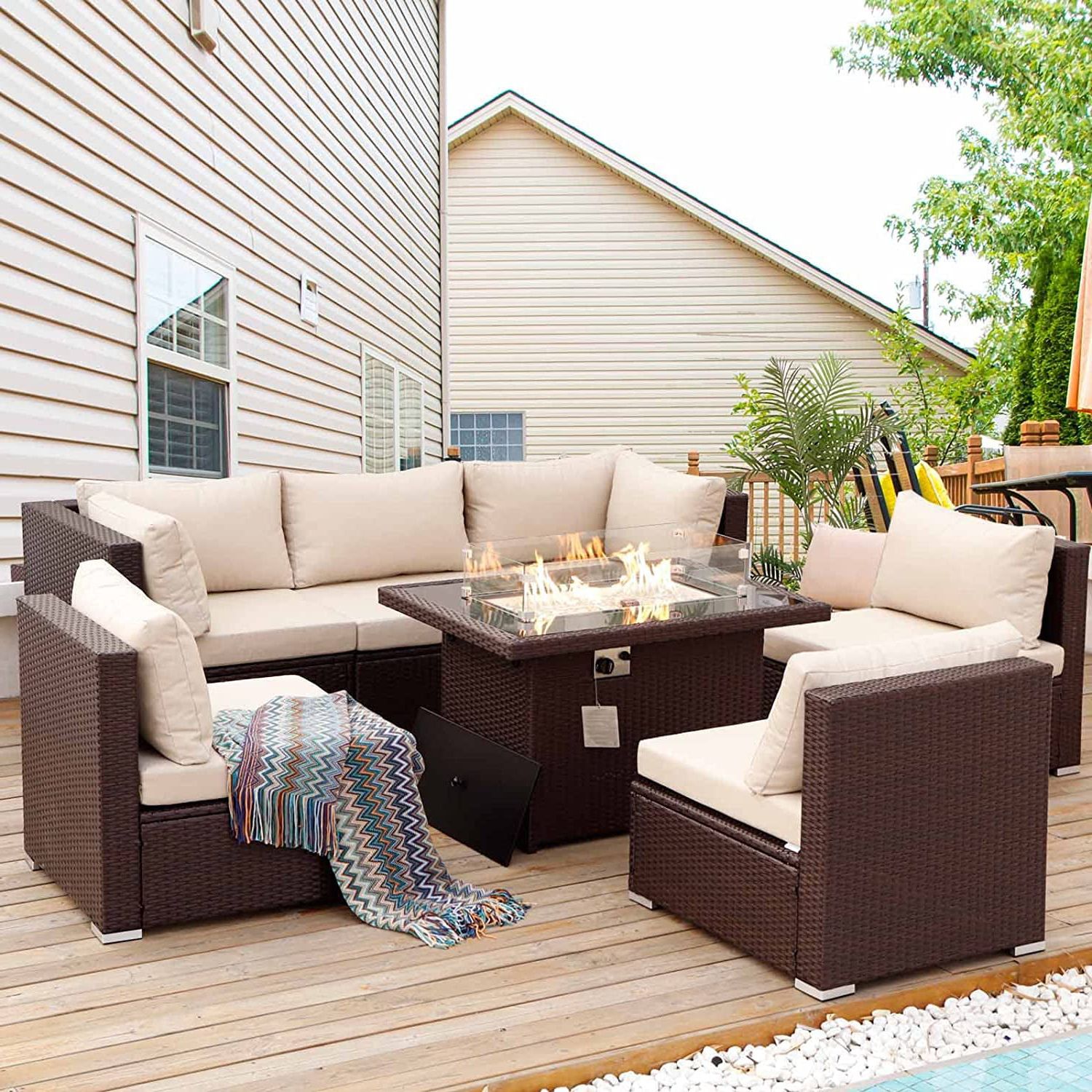 Fire Pit Table Wicker Sectional Sofa Conversation Set Regarding Well Known Nicesoul 7 Pcs Outdoor Furniture With Fire Pit Table Wicker Patio Sectional  Sofa Conversation Sets, Espresso – Walmart (View 4 of 15)