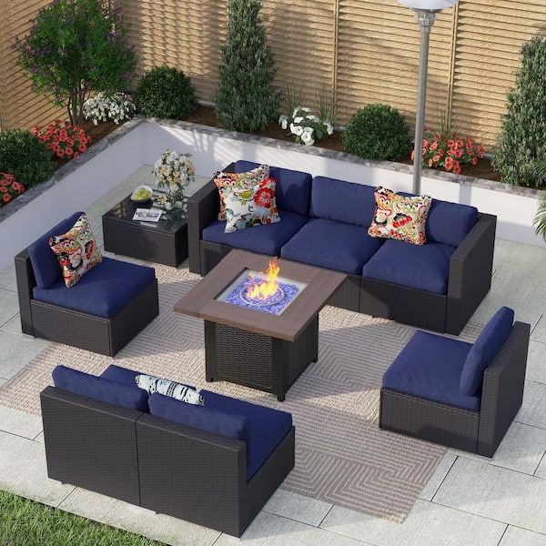 Fire Pit Table Wicker Sectional Sofa Set Throughout Current Phi Villa Black Rattan Wicker 7 Seat 9 Piece Steel Outdoor Sectional Set  With Blue Cushions, Coffee Table And Square Fire Pit Thd9 002 394045 – The  Home Depot (View 11 of 15)