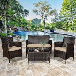 Gymax 4 Pieces Rattan Patio Outdoor Furniture Set With Beige Cushioned  Chair Loveseat Table Gymhd0019 – The Home Depot Pertaining To Latest Outdoor Cushioned Chair Loveseat Tables (View 8 of 15)