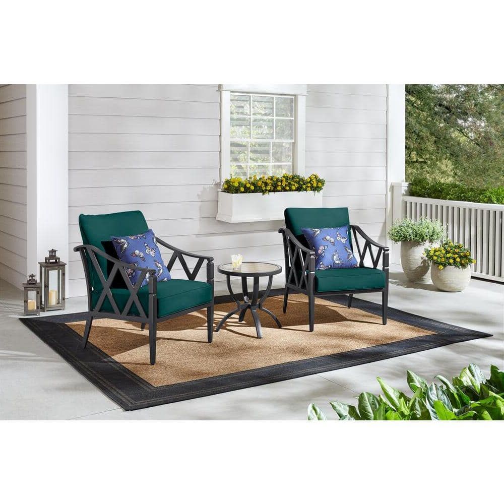 Hampton Bay Harmony Hill 3 Piece Black Steel Outdoor Patio Stationary  Conversation Set With Cushionguard Malachite Green Cushions Gl 19044 3st Mg  – The Home Depot Within Most Up To Date Outdoor Stationary Chat Set (View 4 of 15)
