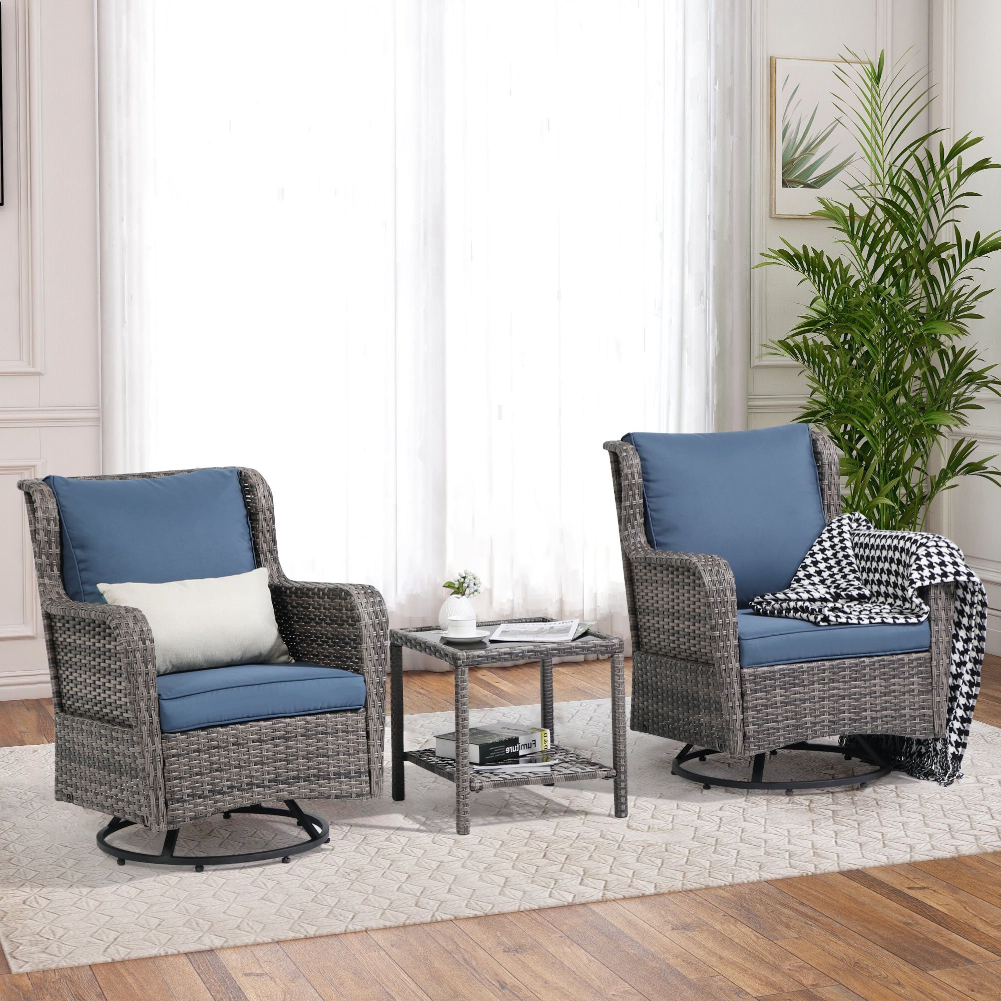 Joivi Patio Swivel Rocker Set, Outdoor Wicker Swivel Rocking Chairs With  Side Table, 3 Pieces All Weather Rattan Furniture Bistro Set With Thick  Cushions, Iron Frame, Navy Blue – Walmart Regarding Most Recent 3 Pieces Outdoor Patio Swivel Rocker Set (View 15 of 15)