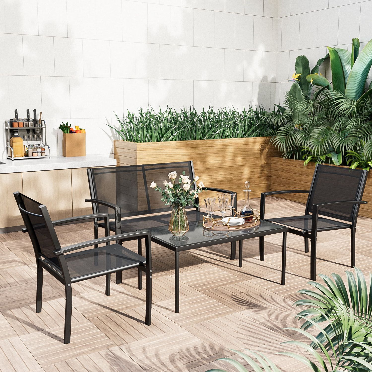 Lacoo 4 Pieces Patio Indoor Furniture Outdoor Patio Furniture Set Textilene  Bistro Set Modern Conversation Set Black Bistro Set With Loveseat Tea Table  For Home, Lawn And Balcony, Black – Walmart Regarding Most Up To Date Loveseat Tea Table For Balcony (Photo 1 of 15)