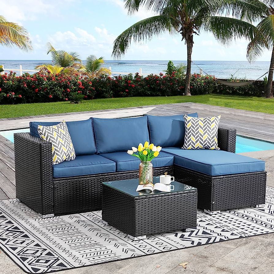 Latest Amazon : Walsunny Patio Furniture Set 3 Piece Outdoor Sectional Patio  Sofa, All Weather Wicker Rattan Outdoor Furniture With Glass Table And  Cushions(aegean Blue) : Patio, Lawn & Garden Intended For Outdoor Wicker 3 Piece Set (Photo 8 of 15)