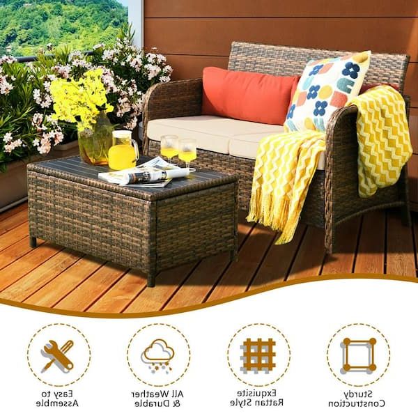 Latest Forclover 2 Piece Wicker Patio Conversation Set With Beige Cushion And  Slatted Top Coffee Table Cowy 66927 – The Home Depot Within Outdoor Couch Cushions, Throw Pillows And Slat Coffee Table (View 10 of 15)