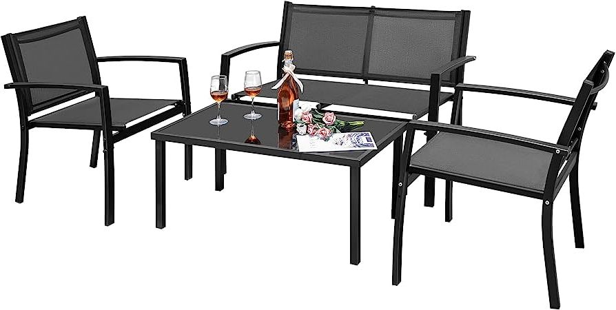 Loveseat Tea Table For Balcony Within Most Recently Released Amazon: Flamaker 4 Pieces Patio Furniture Outdoor Furniture Outdoor  Patio Furniture Set Textilene Bistro Set Modern Conversation Set Black  Bistro Set With Loveseat Tea Table For Home, Lawn And Balcony (black) : (Photo 6 of 15)