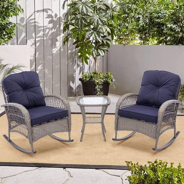Most Current 3 Piece Cushion Rocking Chair Set In Harper & Bright Designs Gray 3 Piece Wicker Outdoor Rocking Chair Set With  Navy Blue Cushions And End Table Gccphc69340 – The Home Depot (View 6 of 15)