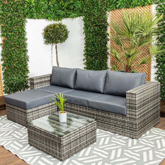 Most Current Cushions & Coffee Table Furniture Couch Set In Barcelona – Grey Rattan Sofa Set With Glass Topped Coffee Table, Stool &  Cushions (View 6 of 15)