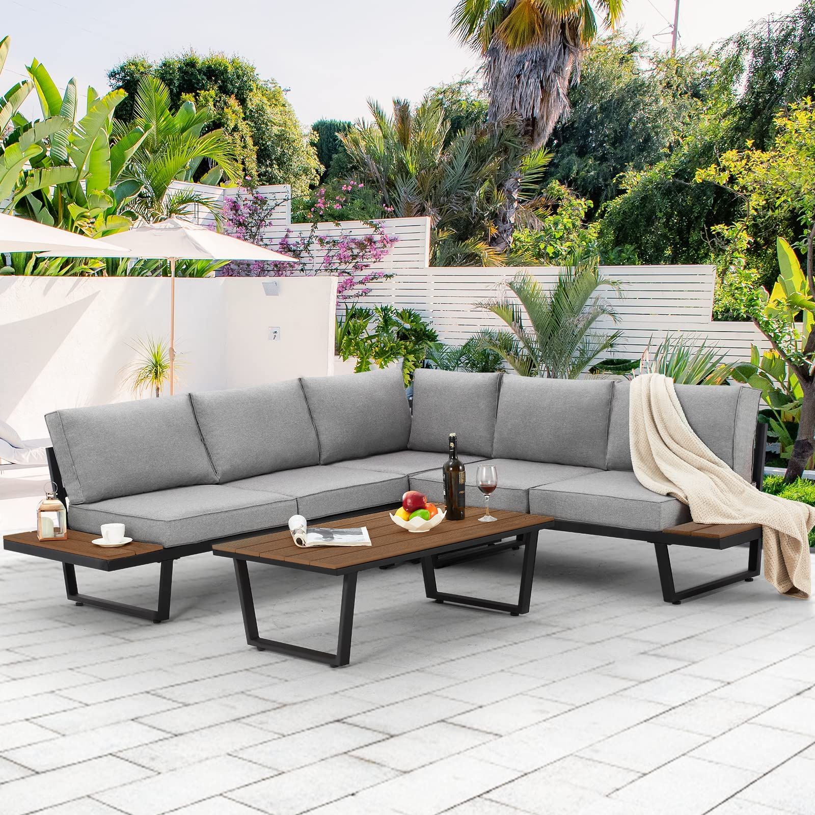 Most Current Side Table Iron Frame Patio Furniture Set Within Amazon: Erommy 4 Pieces Outdoor Sectional Sofa Set With Coffee Table,  91''×91'' Extra Large L Shaped Metal Conversation Set With All Weather Gray  Cushion And Built In Side Table For Patio, Backyard, Garden : Patio, (View 7 of 15)
