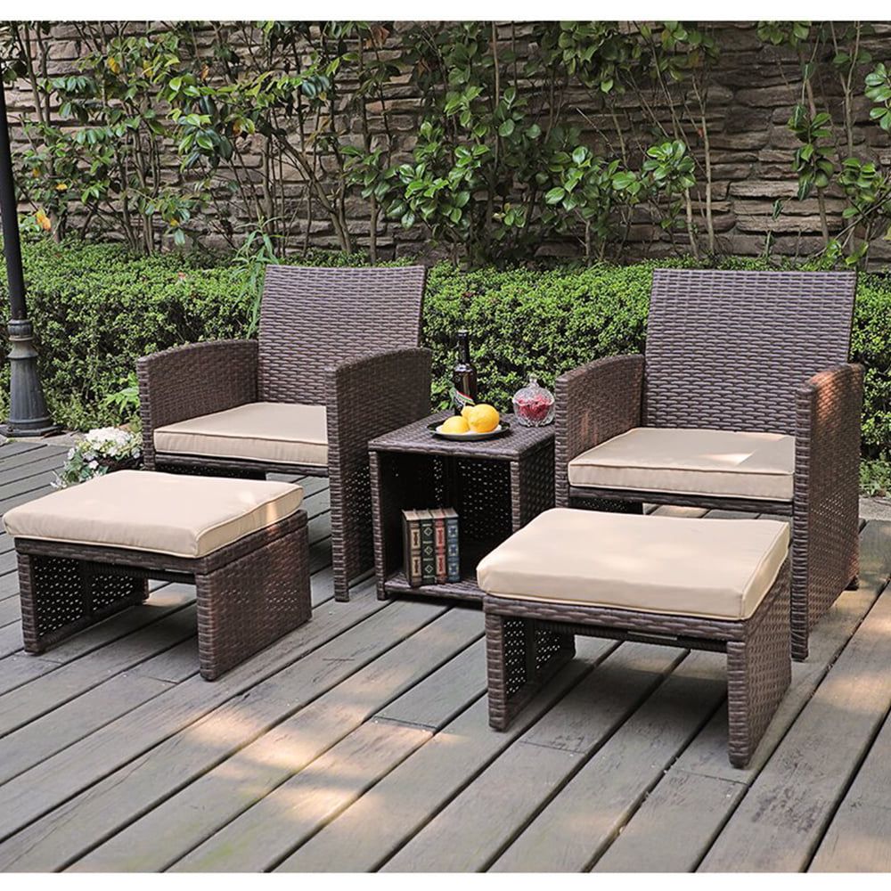 Most Popular 5 Piece Patio Conversation Set Balcony Furniture Set With Beige Cushions,  Brown Wicker Chair With Ottoman, Storage Table For Backyard, Garden, Porch  – Walmart Intended For Storage Table For Backyard, Garden, Porch (View 14 of 15)