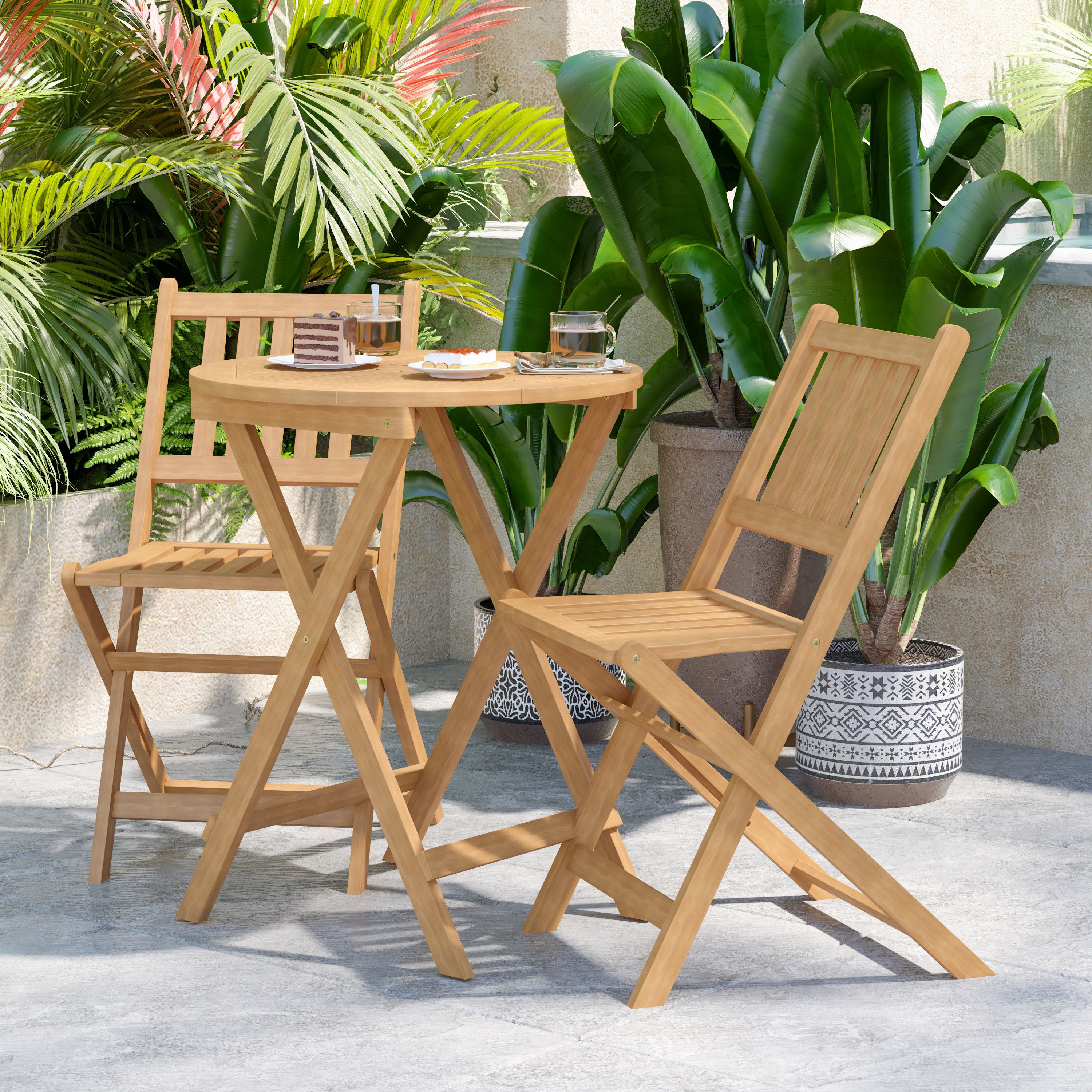 Most Popular Acacia Wood With Table Garden Wooden Furniture With Winston Porter Edil Indoor/outdoor Acacia Wood Folding Table And 2 Chair  Bistro Set & Reviews (Photo 6 of 15)