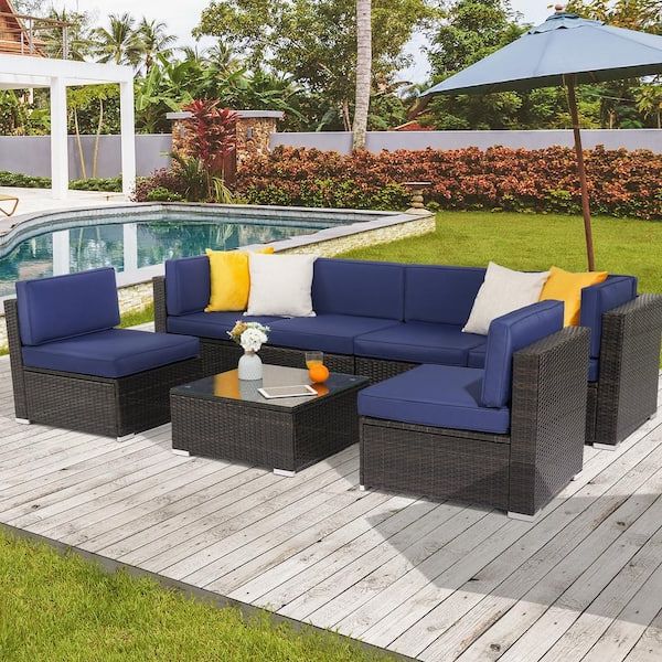 Most Popular Joyesery 7 Piece Pe Rattan Wicker Outdoor Conversation Furniture Sectional  Sofa Sets For Poolside, Porch And Deck In Navy Blue J Sofa779ny – The Home  Depot Intended For 7 Piece Rattan Sectional Sofa Set (View 6 of 15)