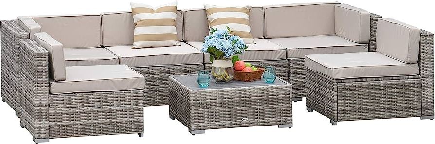 Most Popular Outdoor Couch Cushions, Throw Pillows And Slat Coffee Table For Amazon: Outsunny 7 Piece Outdoor Patio Furniture Set, Pe Rattan Wicker Sectional  Sofa Patio Conversation Sets With Couch Cushions, Throw Pillows And Slat  Coffee Table, Stripe, Beige : Patio, Lawn & Garden (Photo 1 of 15)