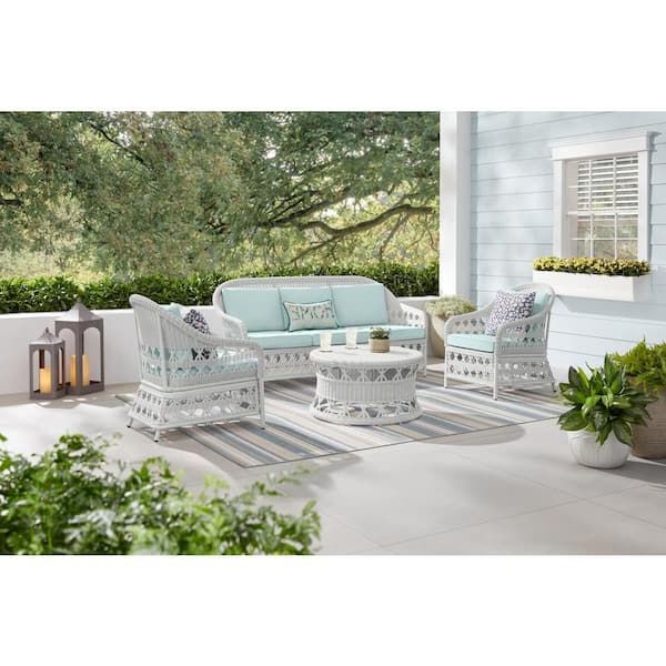 Most Popular Outdoor Stationary Chat Set Throughout Hampton Bay Somersound 4 Piece Resin Wicker Patio Conversation Chat Set  With Cushionguard Sea Breeze Cushions 69 2314wh 474 – The Home Depot (Photo 14 of 15)