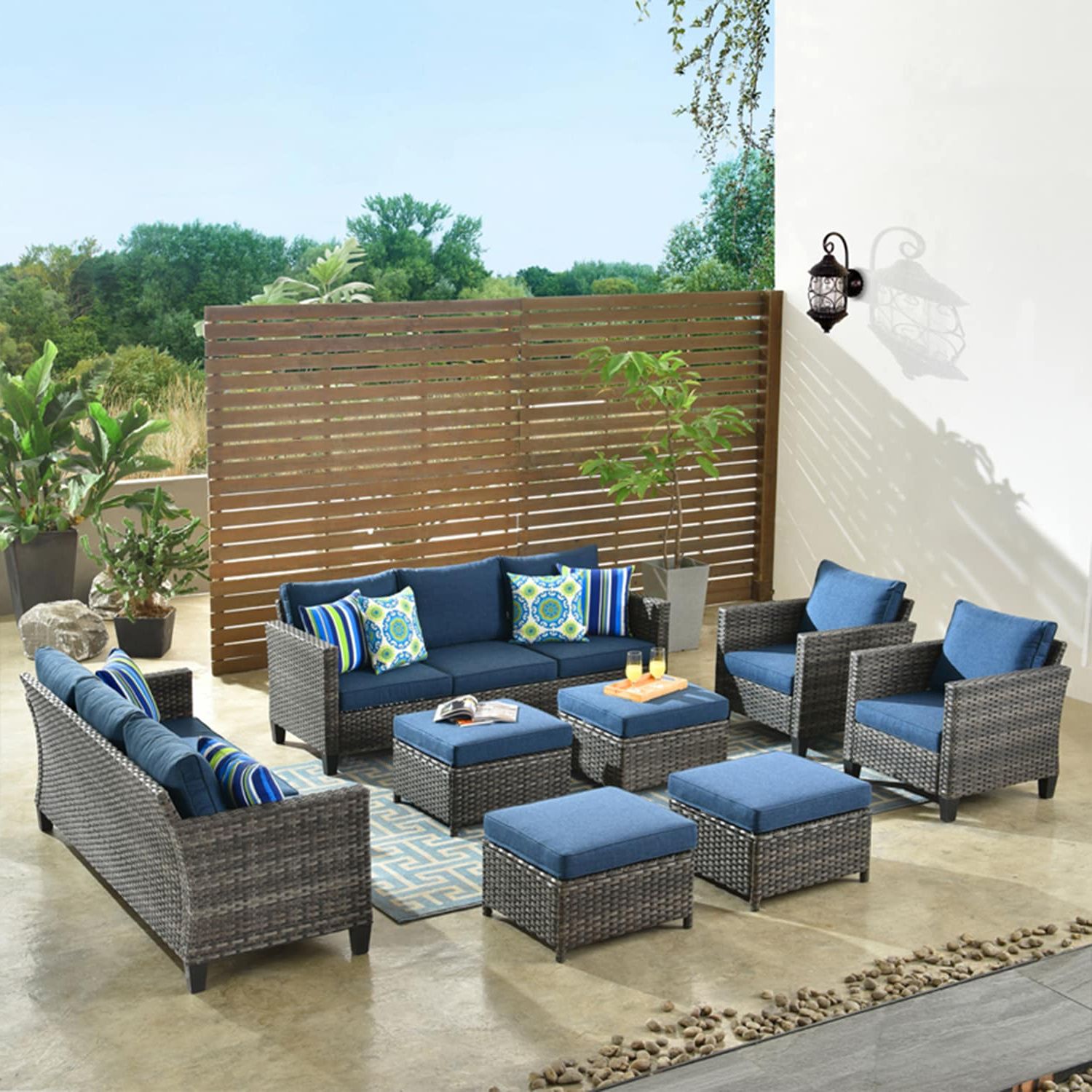 Most Popular Xizzi Gaea 8 Piece Wicker Patio Conversation Set With Blue Cushions In The  Patio Conversation Sets Department At Lowes Regarding 8 Pcs Outdoor Patio Furniture Set (View 6 of 15)