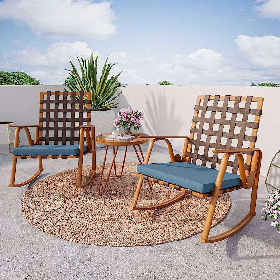 Most Recent Amazon: Cosiest 3 Piece Outdoor Bistro Set Patio Rocking Chairs,upgrade  Pvc Furniture Sets Iron Armchair With Thickened Cushion & Wood Coffee Table  For Lawn, Garden, Porch (dark Blue) : Patio, Lawn & Regarding 3 Piece Cushion Rocking Chair Set (View 11 of 15)
