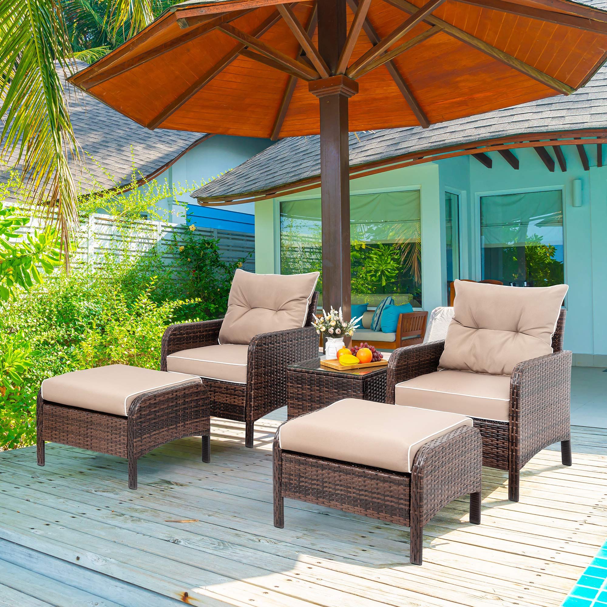 Most Recent Amazon: Vongrasig 5 Piece Wicker Patio Conversation Set, Pe Wicker  Rattan Outdoor Lounge Chairs Set Of 2 With Soft Cushions, Ottomans And  Glass Table For Porch, Garden, Brown : Patio, Lawn & Garden With Brown Wicker Chairs With Ottoman (View 5 of 15)
