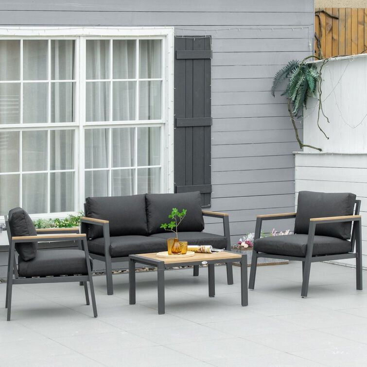 Most Recent Outdoor Cushioned Chair Loveseat Tables Within Corrigan Studio® 4 Piece Patio Furniture Set Aluminium Conversation Set  Outdoor Garden Sofa Set W/ Loveseat, Center Coffee Table & Cushions, Grey (View 6 of 15)